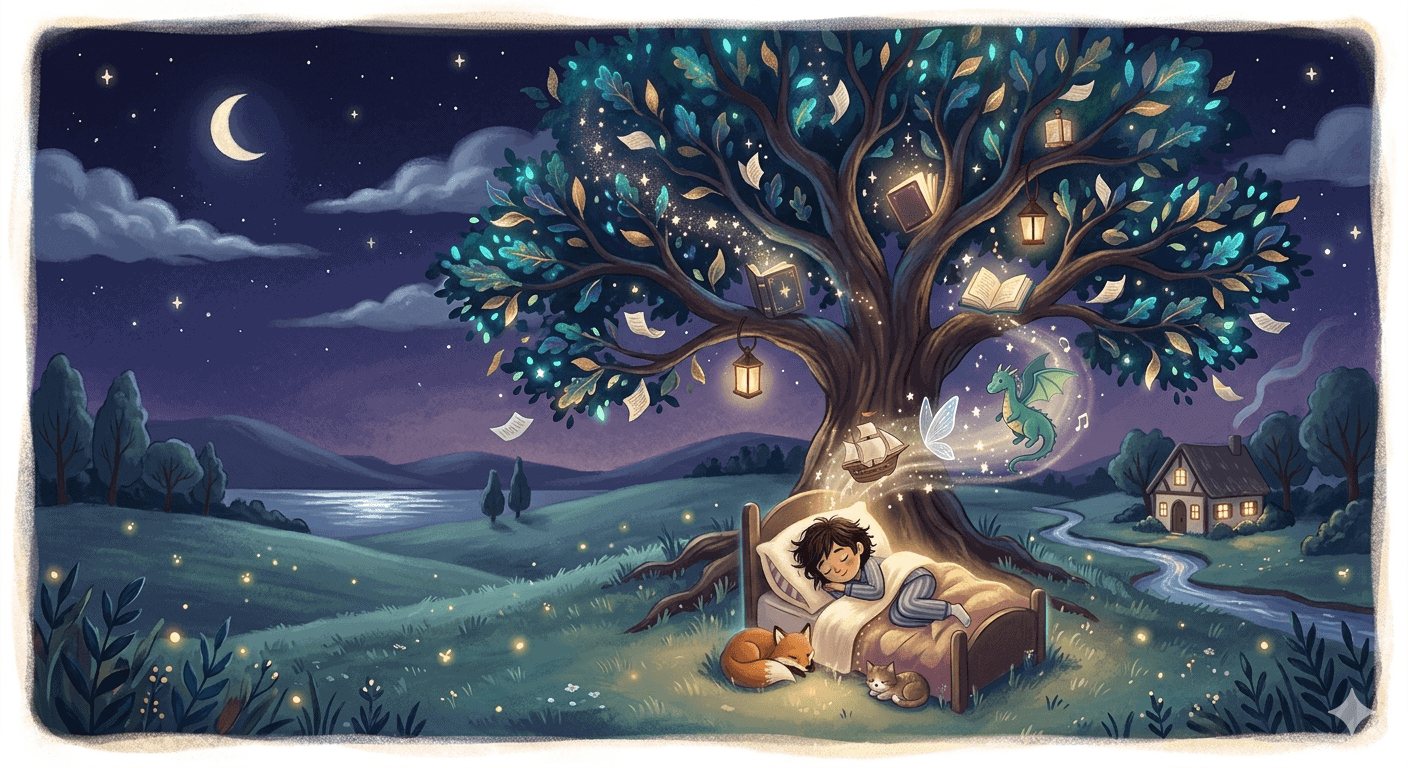 Whimsical illustration of a child sleeping peacefully under a magical story tree with lanterns, open books, and a friendly dragon, representing a collection of short bedtime stories.