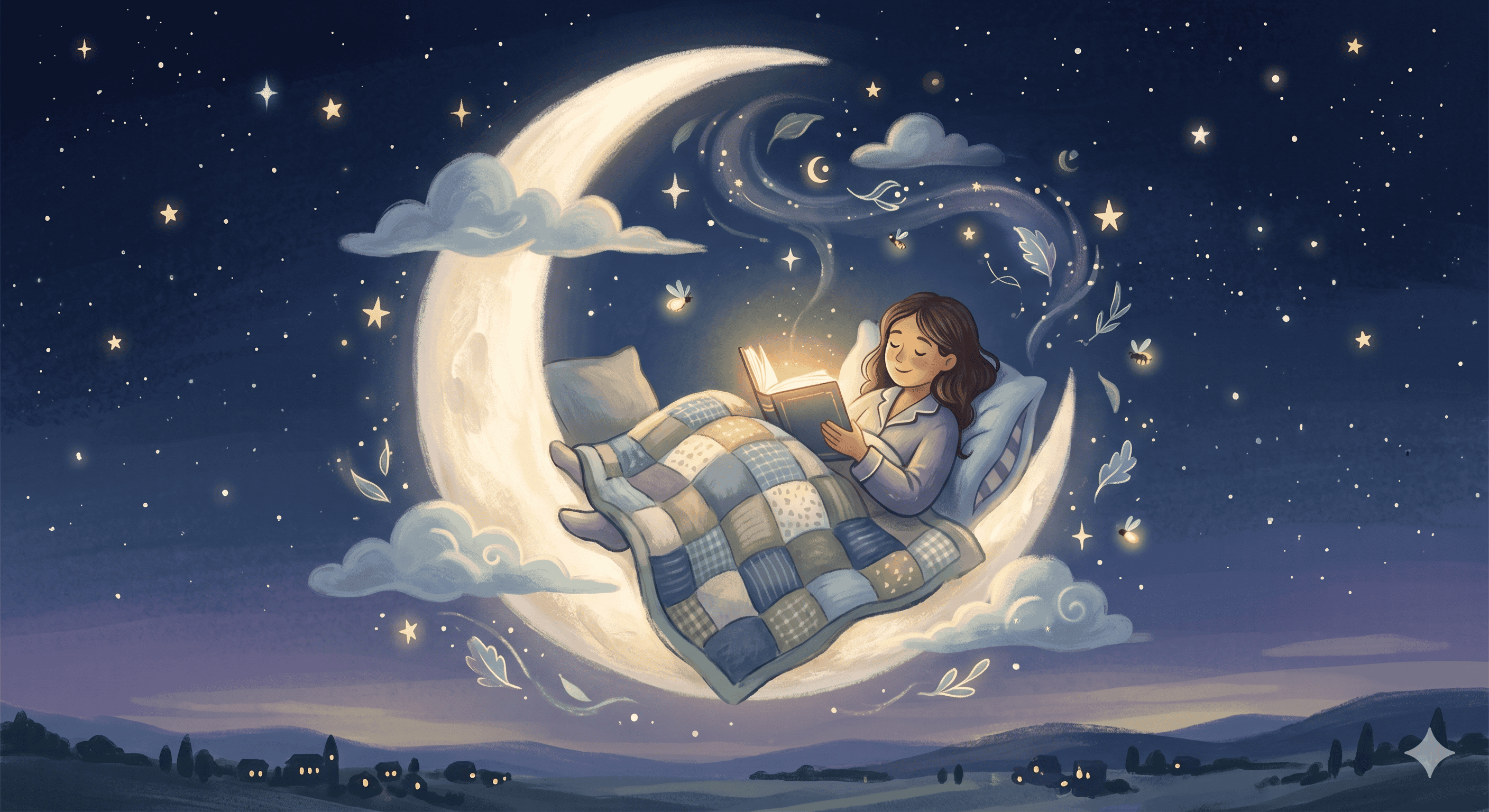 A whimsical illustration of a woman reading a book while tucked into a patchwork quilt on a glowing crescent moon, perfect for 5 minute bedtime stories and quick sleep.