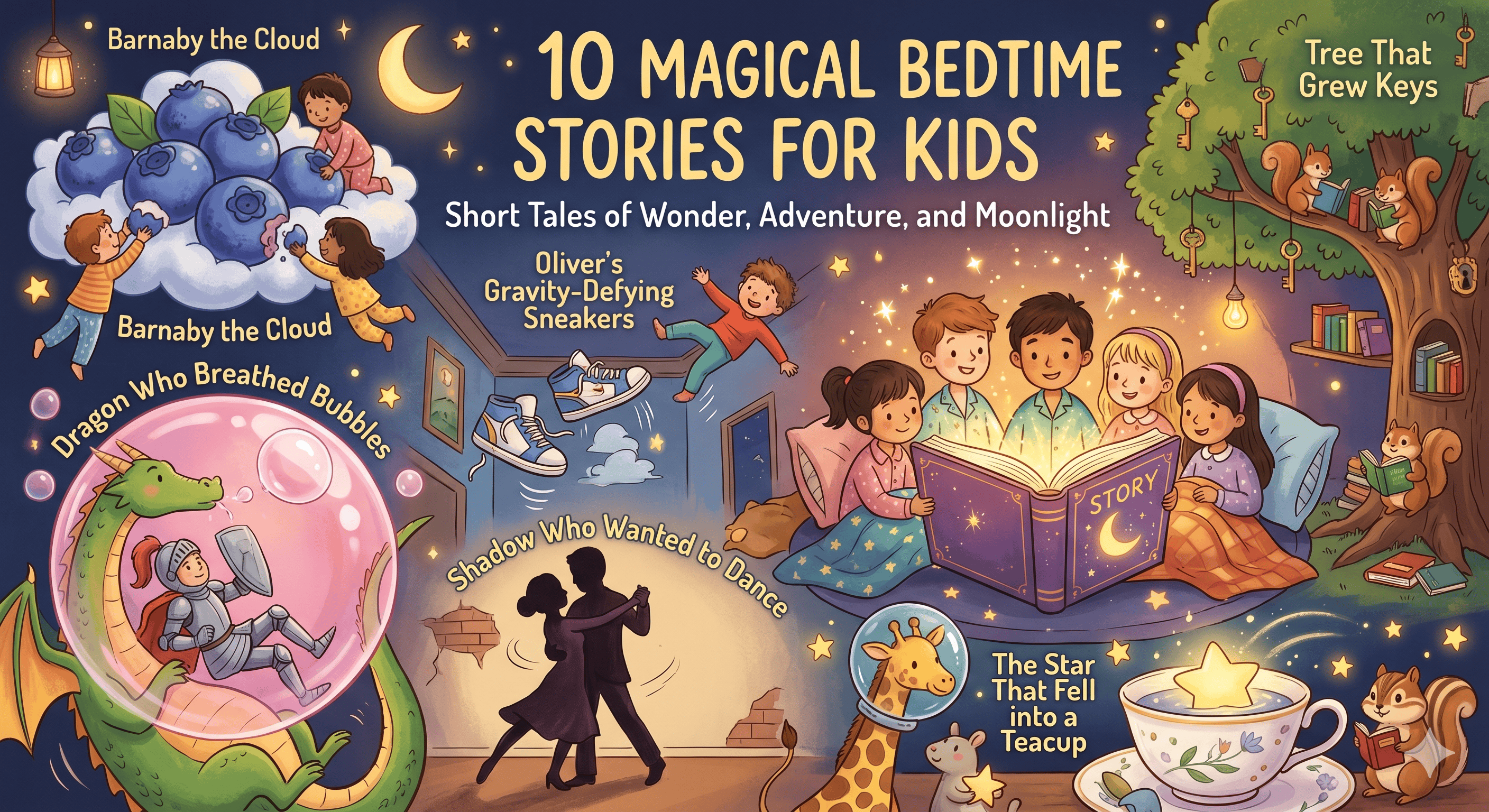 A whimsical illustration for bedtime stories for kids featuring a glowing open book, children in pajamas, a blueberry-shaped cloud, a bubble-breathing dragon, and a scuba-diving giraffe under a starry night sky.