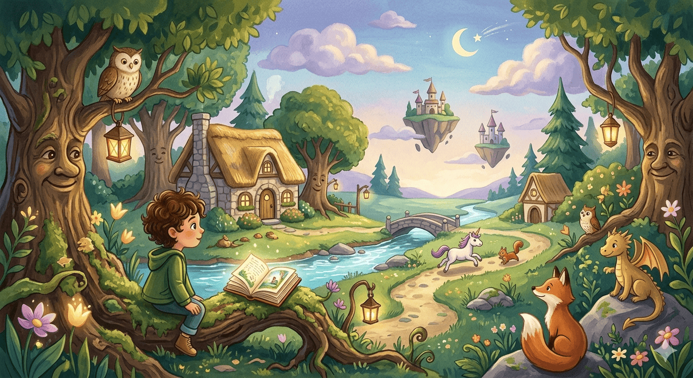 A whimsical illustration of a young boy reading an open book in a magical forest filled with friendly talking trees, a small dragon, a unicorn, and floating castles in the distance.