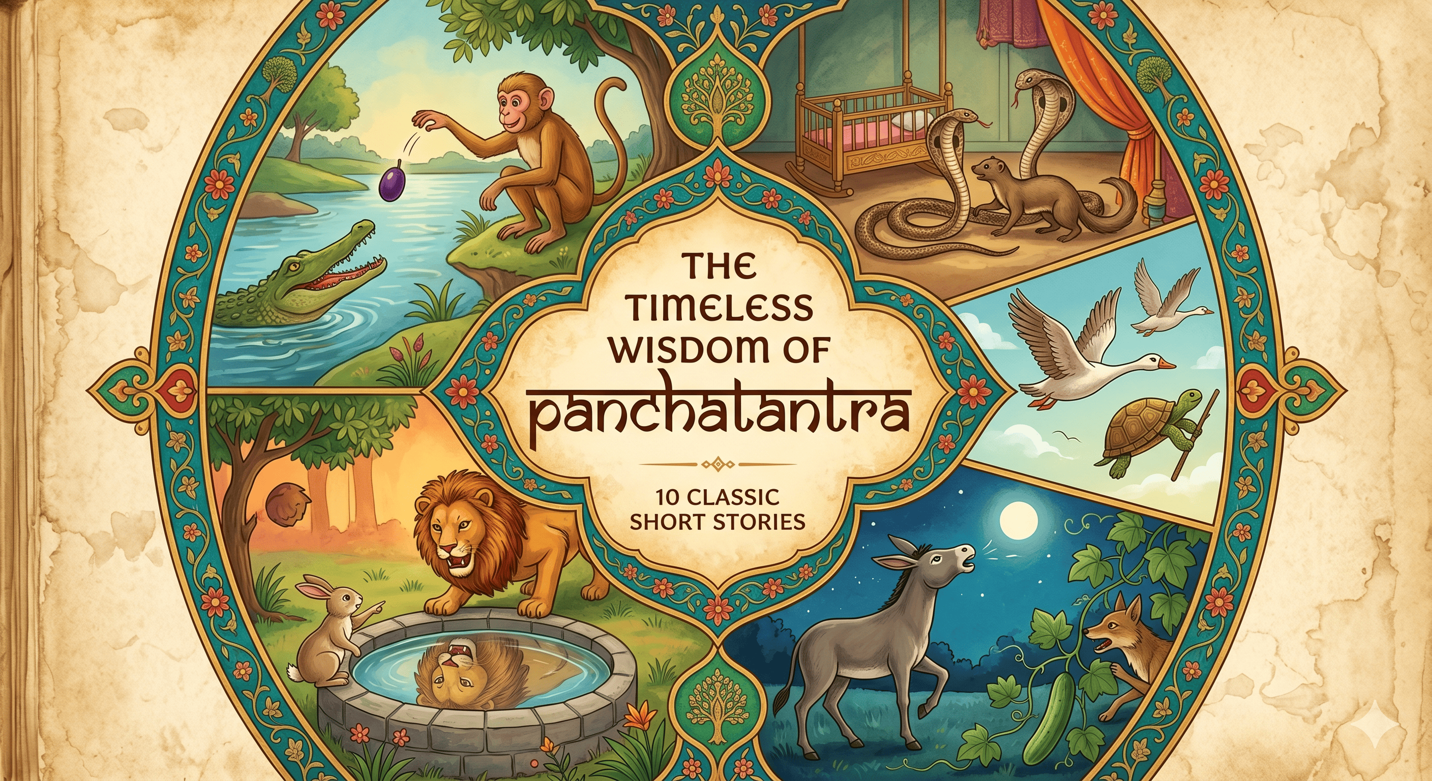 A colorful montage illustrating the 10 best short stories from Panchatantra, including the monkey, crocodile, lion, and clever rabbit in a traditional Indian art style.