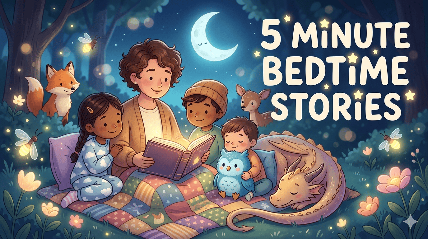 A heartwarming illustration of a parent reading a glowing storybook from a collection of 5 minutes bedtime stories to three children and a friendly sleeping dragon under a crescent moon in a magical, firefly-lit forest clearing.