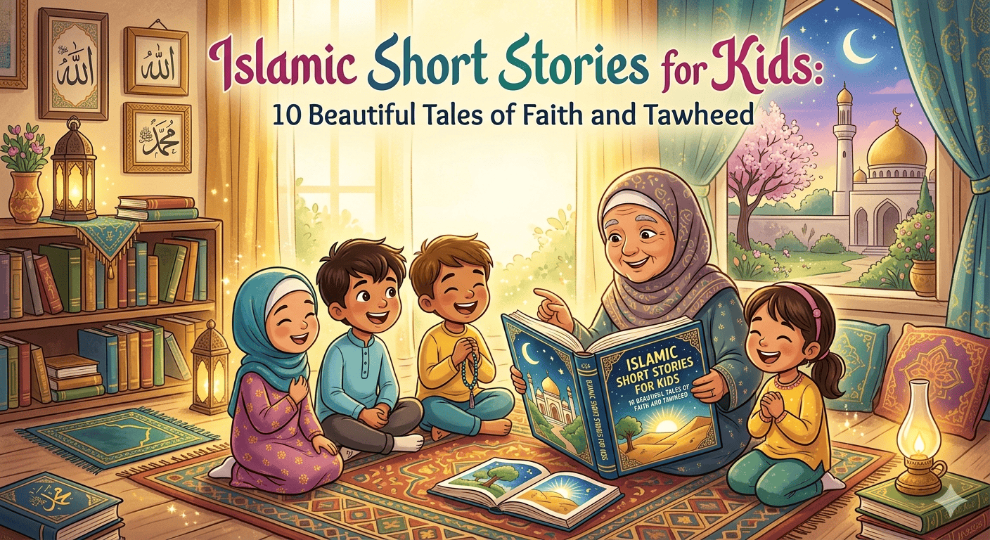 A serene, night-themed illustration featuring an elderly Muslim woman sitting alone on a patterned rug in a cozy, lantern-lit room while peacefully reading a book, with a crescent moon and mosque visible through the window and the title "Islamic Short Stories for Kids written across the top.