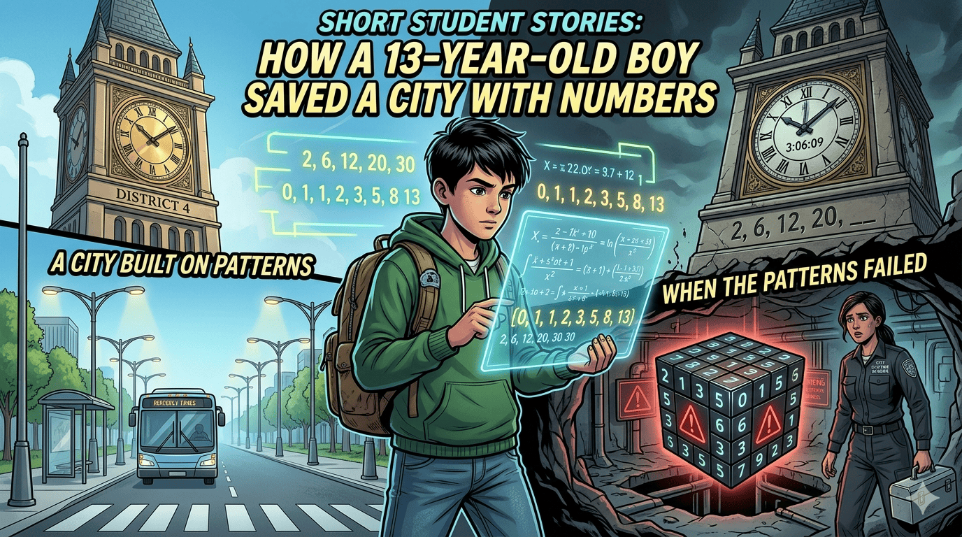 An illustrated feature image titled "Short Student Stories: How a 13-Year-Old Boy Saved a City with Numbers," split into panels that contrast a perfectly orderly sci-fi city with a subterranean technological crisis. In the center, a 13-year-old boy with dark hair and a green hoodie holds a glowing holographic tablet displaying mathematical formulas and number sequences, such as the Fibonacci sequence. To the left, a bright panel captioned "A CITY BUILT ON PATTERNS" shows an orderly street lined with synchronized streetlights, a neat bus stop, and a historic clock tower labeled "DISTRICT 4". To the right, a dark, cracked panel captioned "WHEN THE PATTERNS FAILED" shows a frozen clock tower set to 3:06:09 and a subterranean chamber where a panicked female engineer stands near a glowing, red-alert digital cube flashing with error signs.