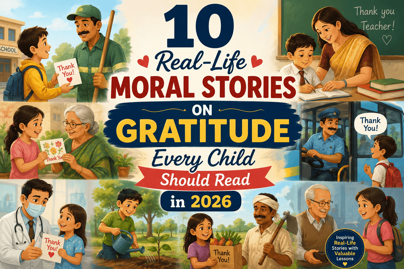Colorful educational banner showing children helping others and expressing gratitude, including scenes of sharing, teaching, caring for elders, and community support, with the title “10 Real-Life Moral Stories on Gratitude Every Child Should Read in 2026” prominently displayed.