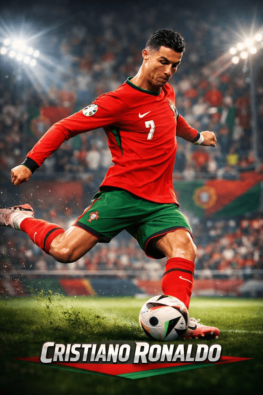 Cristiano Ronaldo motivational story — cinematic poster showing Ronaldo in Portugal’s red and green jersey, number 7, mid‑kick on a stadium field under bright lights, symbolizing determination, discipline, and the power of dreams.