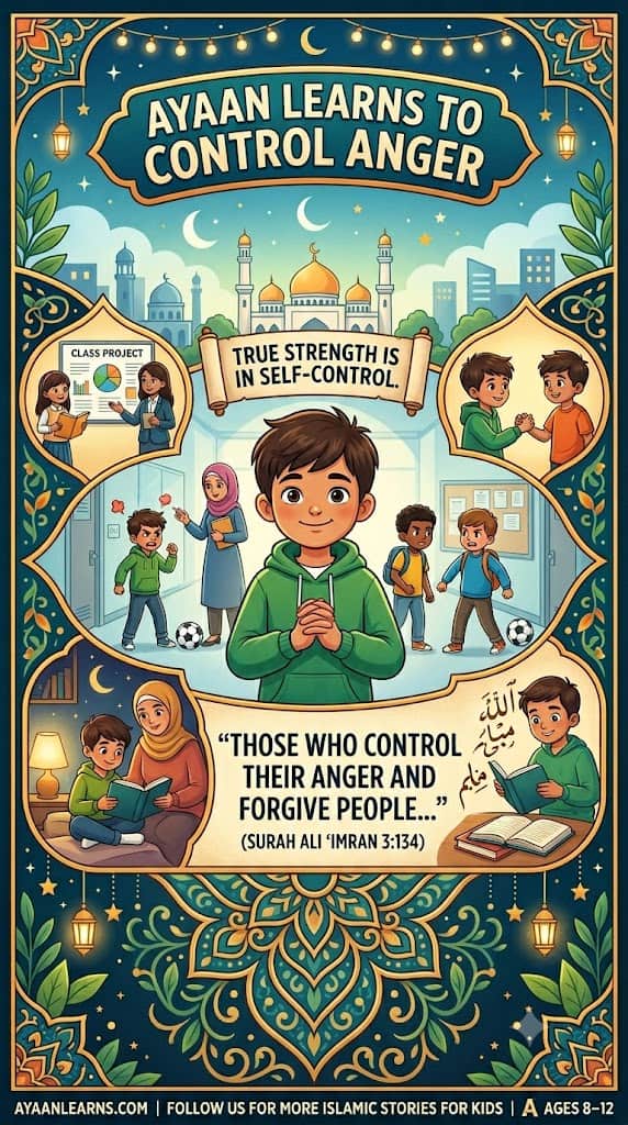 A vibrant poster for Islamic short stories titled 'Ayaan Learns to Control Anger,' featuring cartoon vignettes of a young boy discovering peace-making and self-control, set against a mosque skyline with a central Qur'an verse.